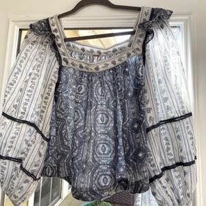 Free people puffy sleeve with ruffles sheer geometric print cropped top